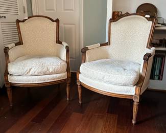 C85 - $500 Pair. Gorgeous Antique Upholstered Chairs. Measures 26" wide x 30" deep x 38" tall. Have been reupholstered - cushions feel like down. Beautiful statement pieces!