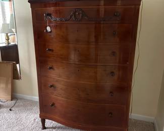 C3 - $450. Sheraton Style Serpentine Tall Chest of Drawers, has key, a few minor imperfections noted in pictures. Measures 40.5" Wide x 21" Deep x 59" Tall