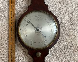 C78 - $125. Banjo Style 1800's Weather Station by D. Ortelli. Measures 12" wide x 42" tall. Top piece is broken - see photos.