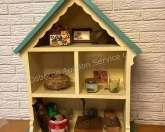Wood dollhouse shelf & contents