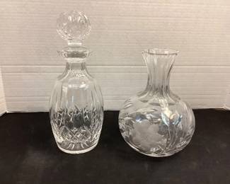 Waterford decanter, etched vase