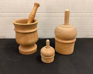 Wood mortar & pestle, butter stamps