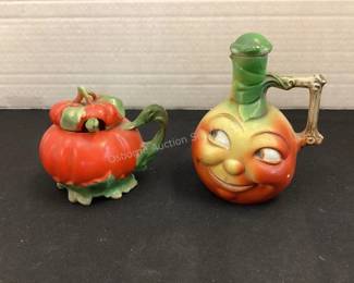 Anthropomorphic apple bottle, tomato condiment jar