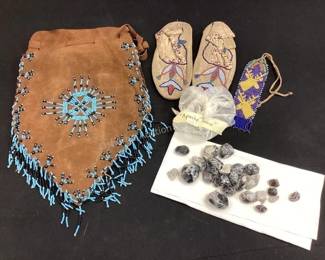 Beaded tobacco pouch, moccasins, beaded bookmark