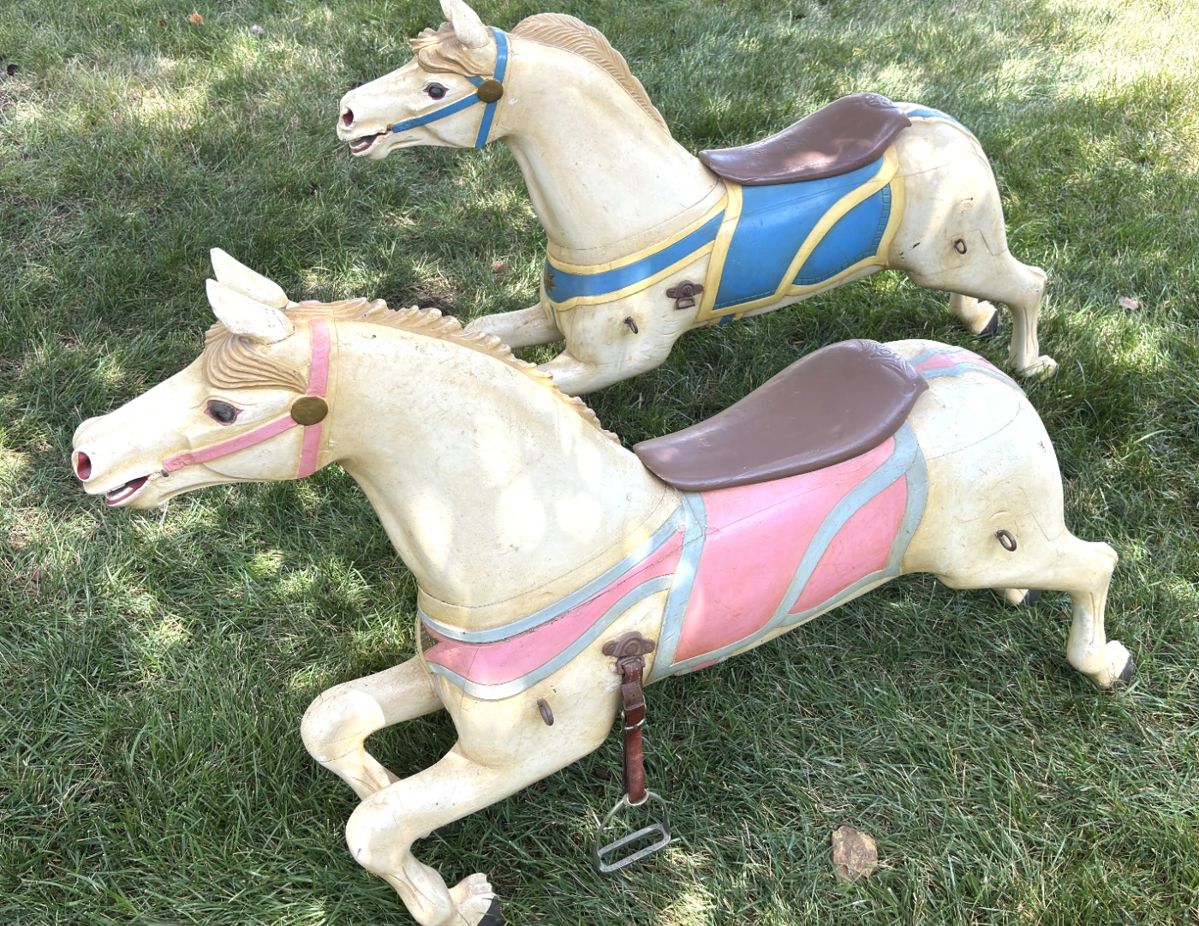 BUY IT NOW! $1,500 for the pair of late 1800's Solid Wood, Hand Carved Steam Carousel Horse Armitage Glass Eyes, Repainted in the 1970's.