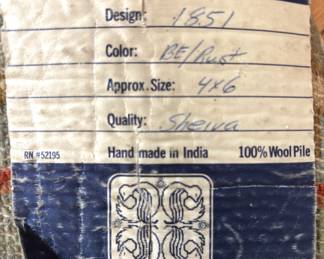$95.00. 4' x 6' Area Rug, Hand Made in India, 100% Wool Pile