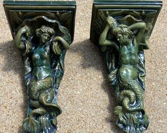 BUY IT NOW! $300.00. Pair of Majolica Mermaid-Merman Figurines Wall Bracket Shelf Sconces. Minor damage.