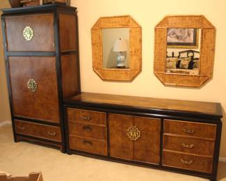 Chin Hua Tall Armoire Gent Chest. Chin Hua Dresser. Pair Bamboo Framed mirrors. (NOTE: Pair of Bamboo Framed Mirrors sold.)