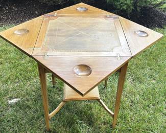BUY IT NOW! $250.00.Antique Folding/Drop Leaf Leather Top Game Table. Closed: 22" x 22" x 28" H. Open: 31" x 31" x 28" H.