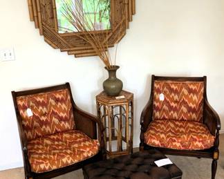 BUY IT NOW! $125.00 Each. Down Filled Cushions Upholstered Chairs. $150.00 Tufted Leather Bench 14 D x 26" W x 16" H. $400.00. Rattan & Bamboo Framed Mirror. 38" x 38" Style of Colin Morrow