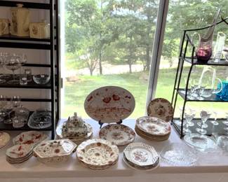 Antique china, stemware, and beautiful clear glass items.