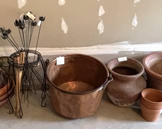 Variety of flower pots and Large Copper Kettle.