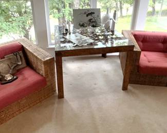 BUY IT NOW! $175.00. Bamboo Glass Top Table. 40" x 40" x 29 1/2" H. Rattan Chairs with cushions go with Rattan Sofa.