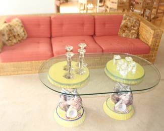 Rattan Sofa w/cushions. Italian Monkeys Pedestal Coffee Table.