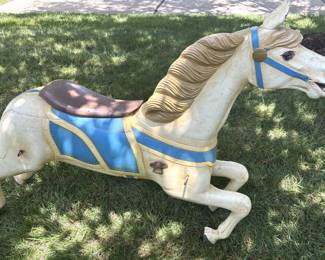 BUY IT NOW! $1,500 for the pair of late 1800's Solid Wood, Hand Carved Steam Carousel Horse Armitage Glass Eyes, Repainted in the 1970's.
