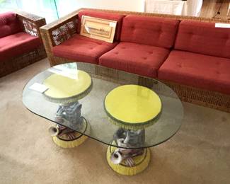 Rattan Sofa and Chair w/cushions. Italian Monkeys Pedestal Coffee Table.