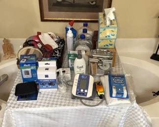 Practical toiletry items and decorative objects.