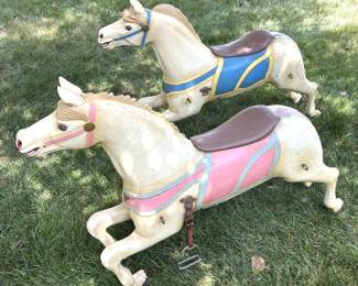BUY IT NOW! $1,500 for the pair of late 1800's Solid Wood, Hand Carved Steam Carousel Horse Armitage Glass Eyes, Repainted in the 1970's.