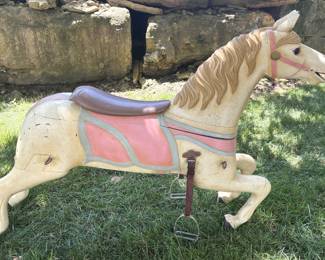 BUY IT NOW! $1,500 for the pair of late 1800's Solid Wood, Hand Carved Steam Carousel Horse Armitage Glass Eyes, Repainted in the 1970's.