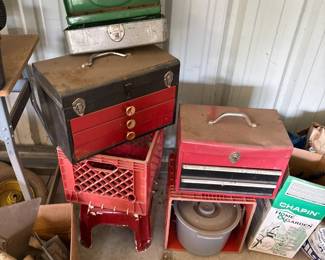 tool boxes, crates, tackle box, hand sprayer