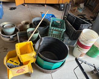 buckets, buckets, crates, flower pots