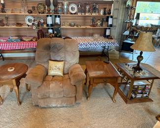 recliner, side tables, lamp