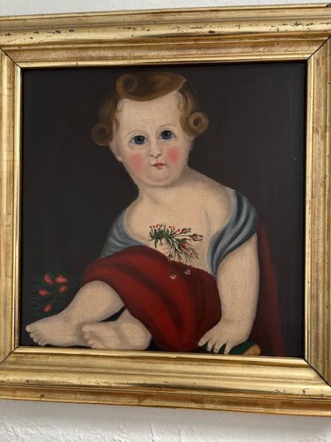 Fine early folk art portrait of a child, oil on canvas, unsigned