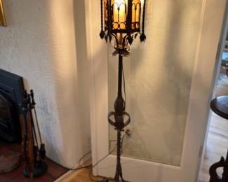 Gothic Revival wrought iron and slag glass torchiere floor lamp, ca 1920