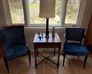 Antique side table with barley twist legs; antique mahogany Regency and Classical chairs nicely upholstered in dark blue velvet
