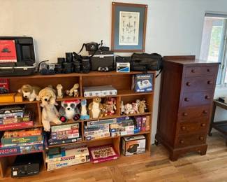 Cameras, camera equipment, games, toys and puzzles, nice old tall chest