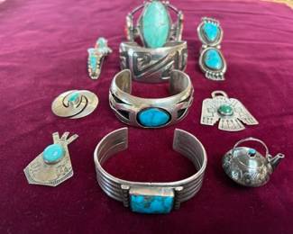 Vintage Navajo sterling and turquoise cuffs, pins, and ring