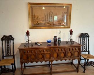 Antique Jacobean style oak sideboard and large antique framed Italian tapestry