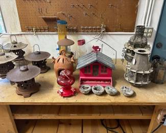 Vintage Japanese cast iron lanterns, birdhouses, etc