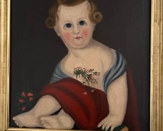 Fine early folk art portrait of a child, oil on canvas, unsigned