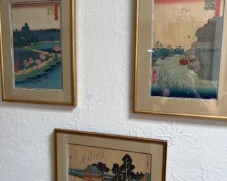Woodblock prints by Utagawa Hiroshi (1797 - 1856) 'The Entwined Trees at Azuma Shrine', 'Scattered Pines on the Tone River', 'Shiba Atogayama' from 'The 53 Stations of the Tokaido' (1832-33)