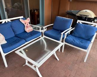 Seating group of settee, 2 chairs, cushions and table; Weber gas grill