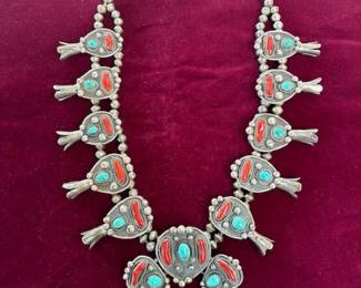Spectacular heavy sterling, turquoise, and coral squash blossom necklace, unsigned, ca 1940