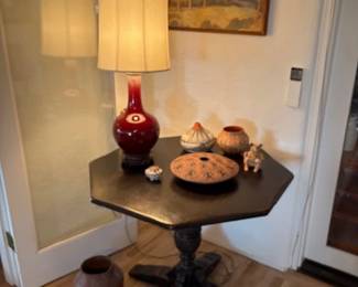 Antique octagonal table and Chinese oxblood table lamp