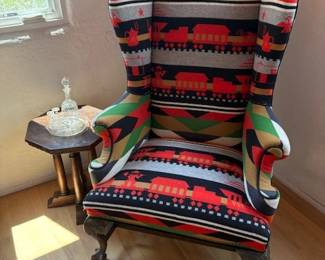 Wing chair upholstered with Pendleton 'Iron Horse' blanket designed by Ramona Sakiestewa, like new condition