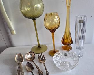 Mid century modern glass, silverplate pieces, crystal