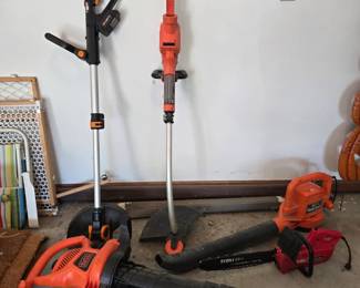 WORX cordless weed wacker, Black & Decker electric blowers and weed wacker, Toro electric chainsaw