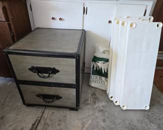 2 drawer trunk style table, white plastic shelving