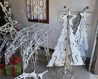 Wire lighted deer, metal Christmas trees