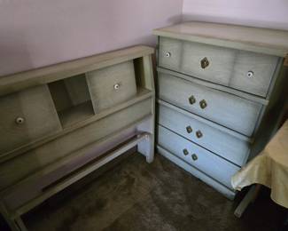 Vintage gray/green single head/foot board and matcheing dresser