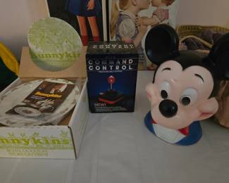 Bunnykins, video game controller, vintage Mickey Mouse bank