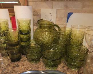 Vintage green glass pitcher & glass set