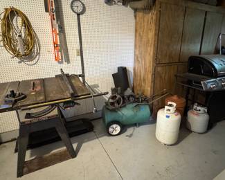 Garage items, compressor, craftsman table saw