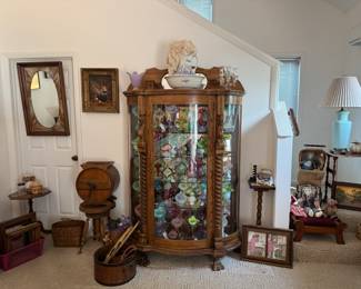 Primitives. China Cabinet, Old Butter Churn, Glass ware ……