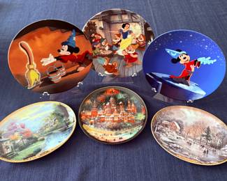 This estate sale has 30 decorative plates
Disney, Currier & Ives, Thomas Kincaid, Edna Hibel, etc. Price range $5-$15
We have the boxes and papers of authentication for every plate for sale with the exception of two
