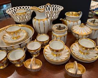 tea service for 12 - KPM markings on all pieces except 2
Coffee pot, tea and coffee containers, sugar bowl, creamer, water pitcher
and two fruit cornucopia dishes 